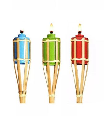 Garden Decor 115cm Bamboo Tiki Torches With Flickering Flame Metal Oil Canisters